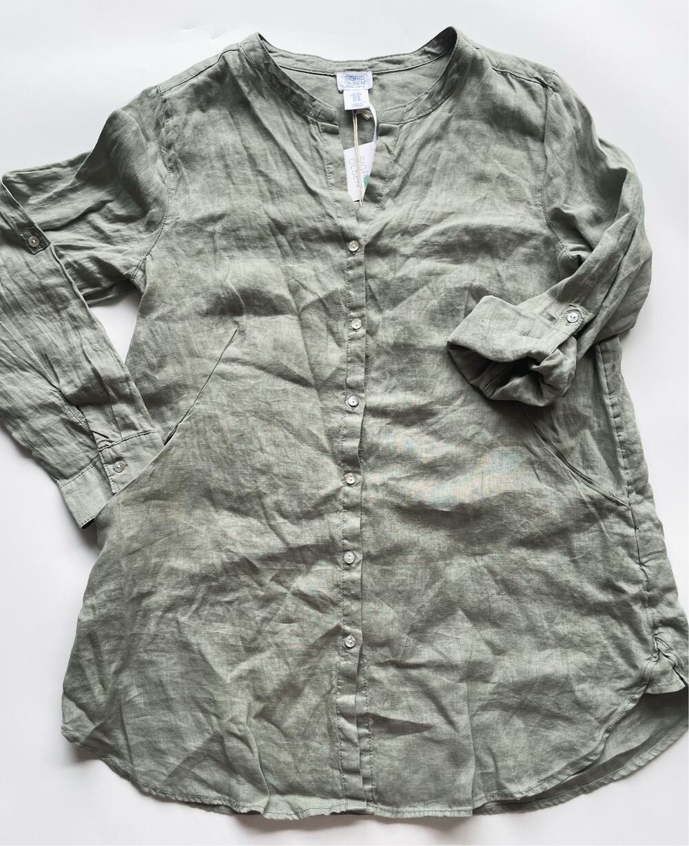 NWT Sigrid Olsen Green Linen Tunic Length Button Down Shirt Size Medium